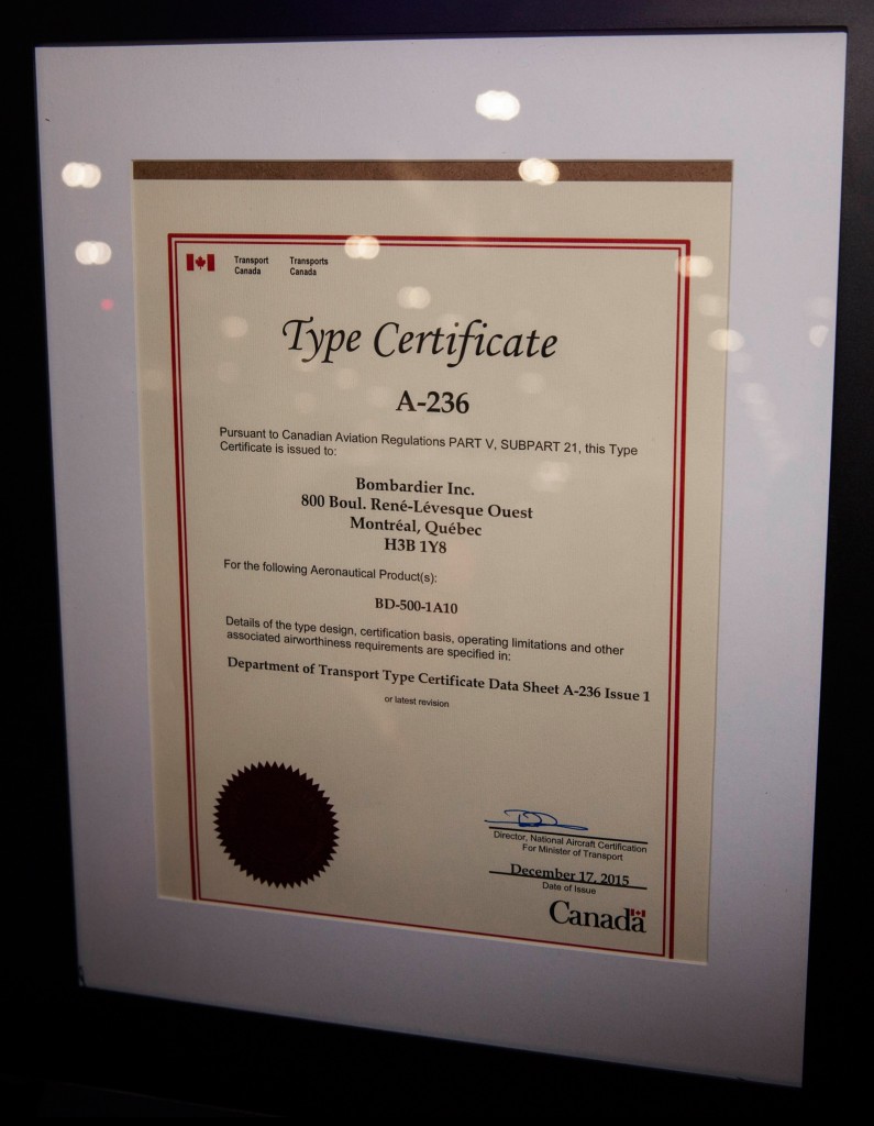 Bombardier CS100 certificate